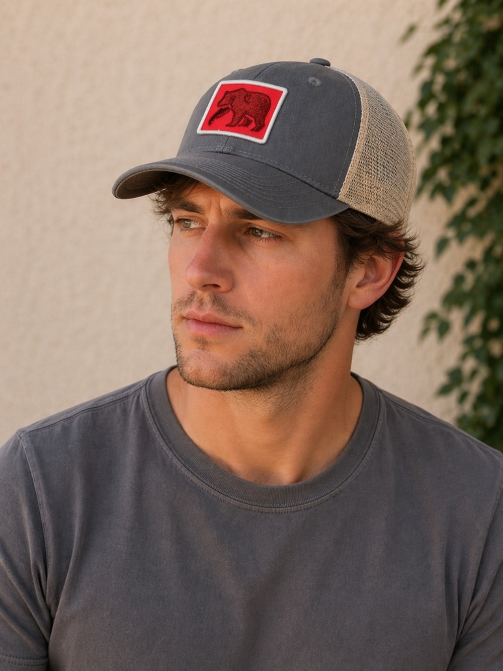 The Normal Brand Bear Patch Trucker Hat Gray Tan Mesh Snapback